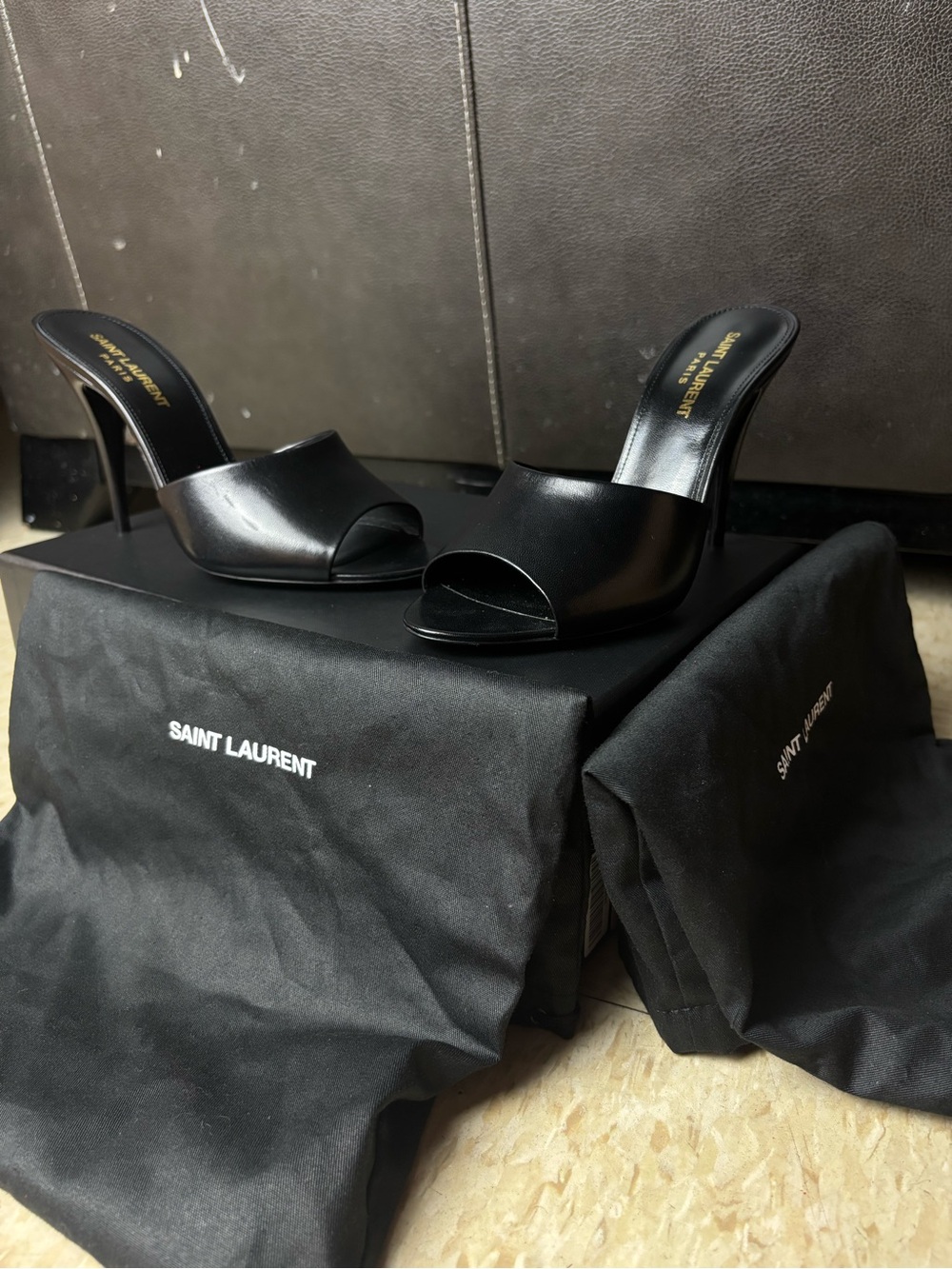 Saint Laurent Black Leather Peep-Toe Mule Heels
